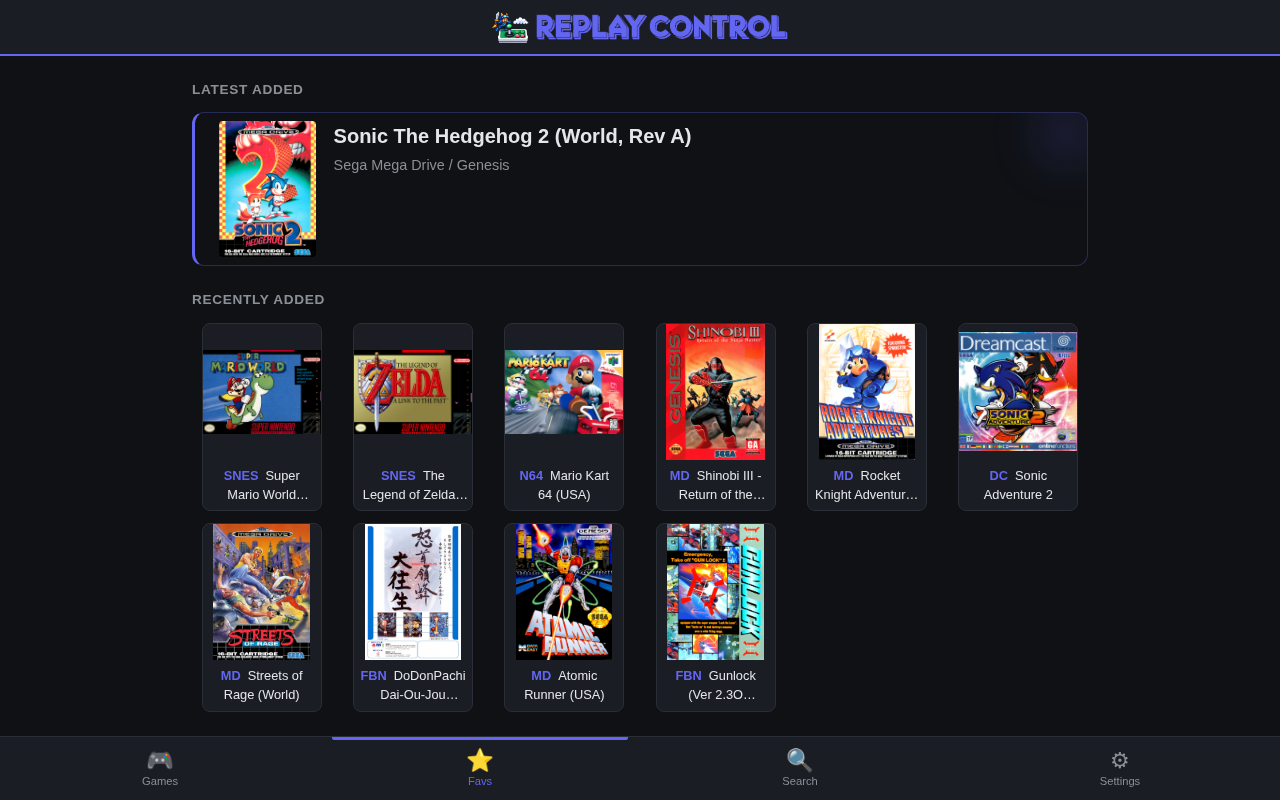Favorites page desktop layout with featured favorite, recently added row, and system groups