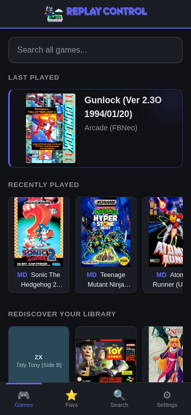 Home page with recently played games