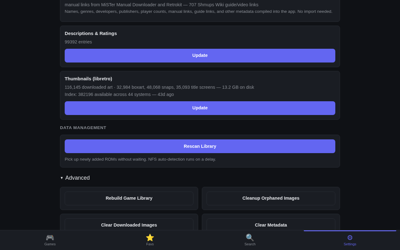 Rescan, rebuild, cleanup, and export actions