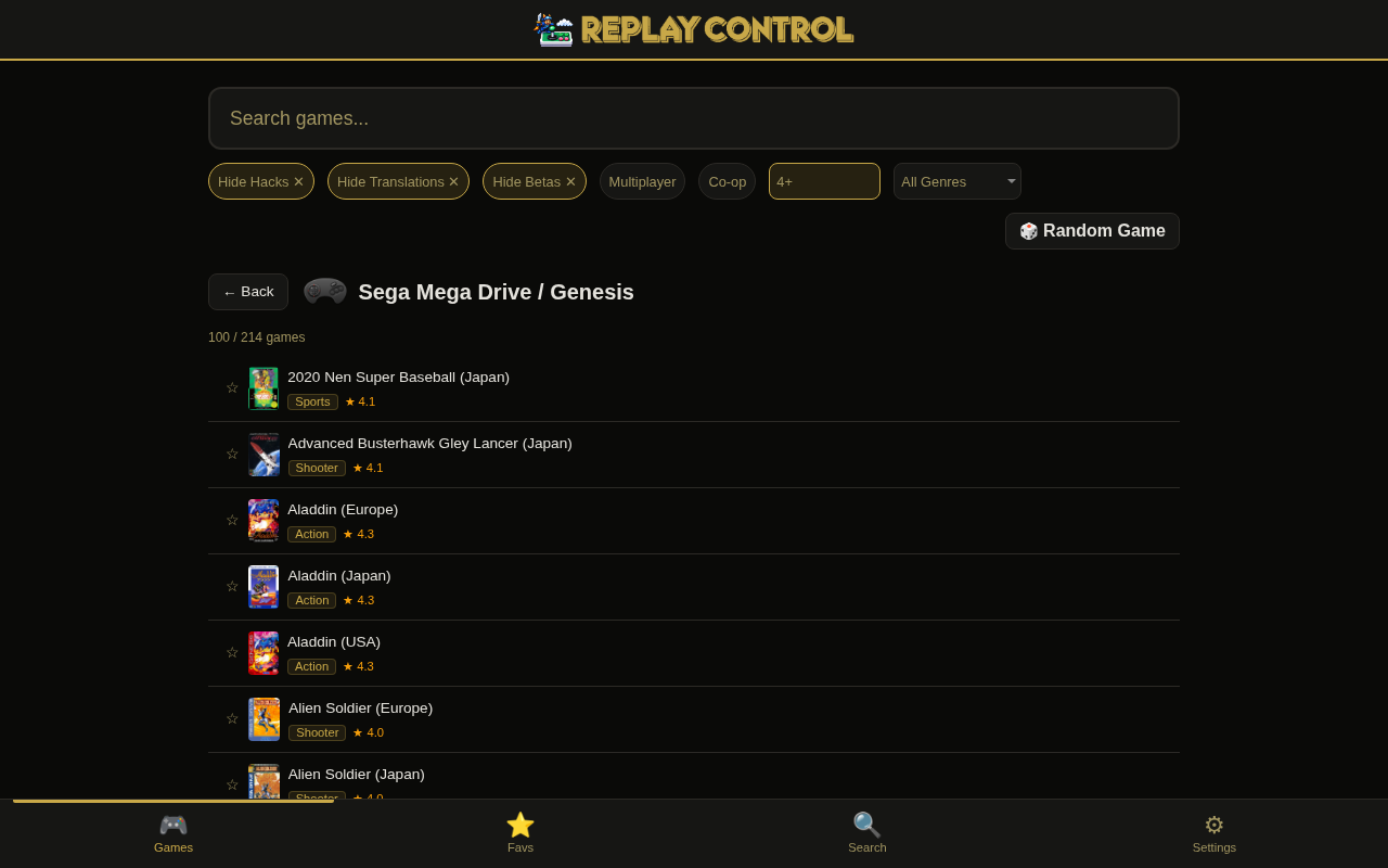 System page with search, filters, and game cards